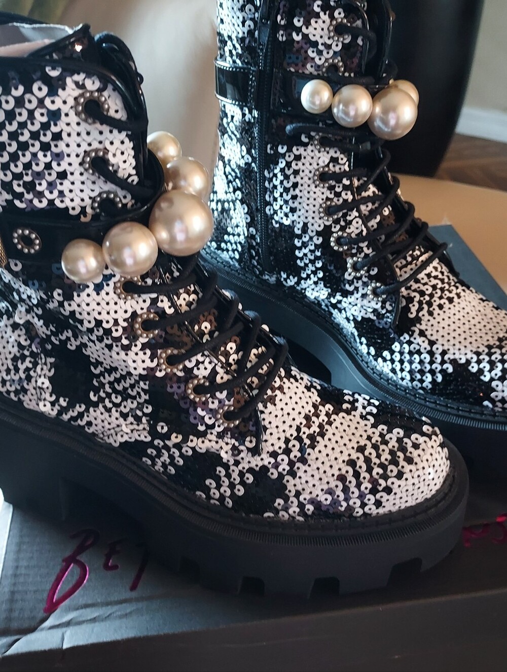 Betsey Johnson (Jonnie) Black & White Sequin Pearl Strap Combat Boot. Sz. 6  NWB